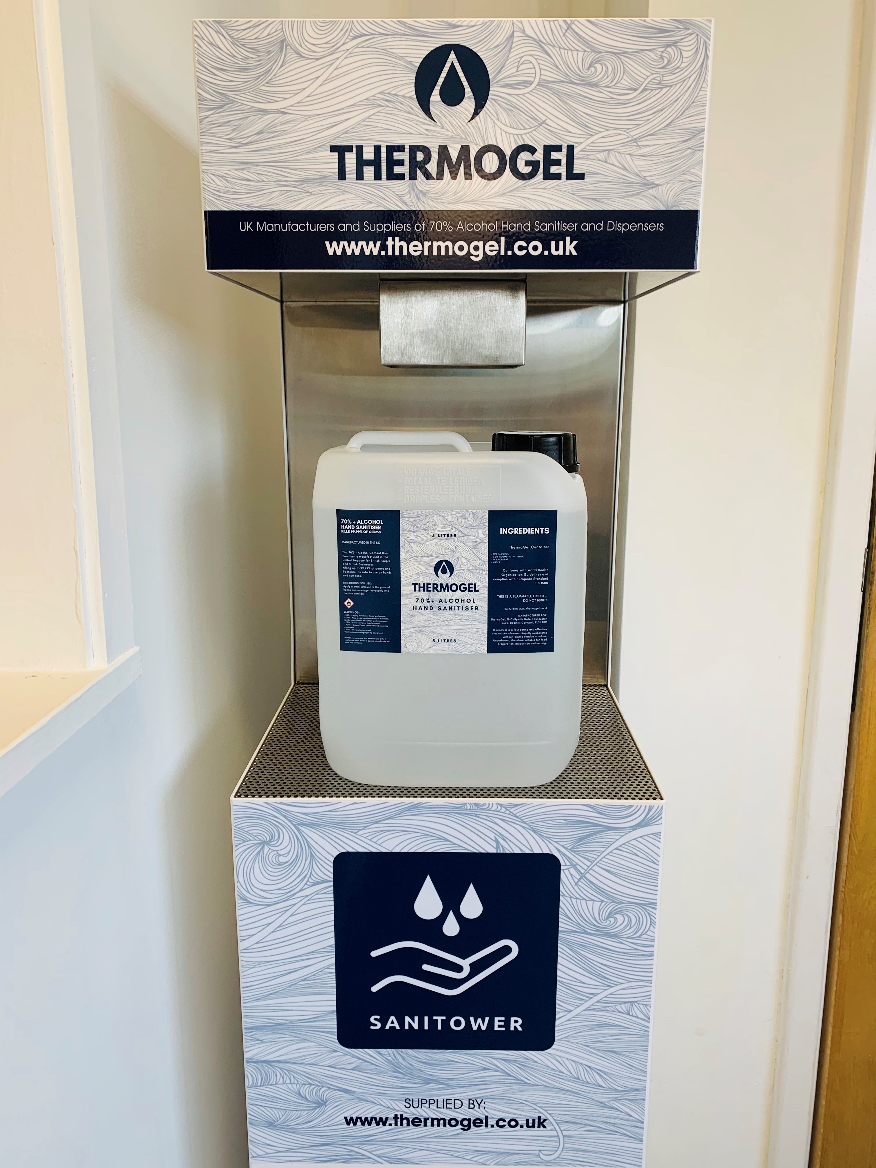 ThermoGel SaniTower - Foot Pump Dispenser (Includes FREE 5 Litre Hand Sanitiser Drum)